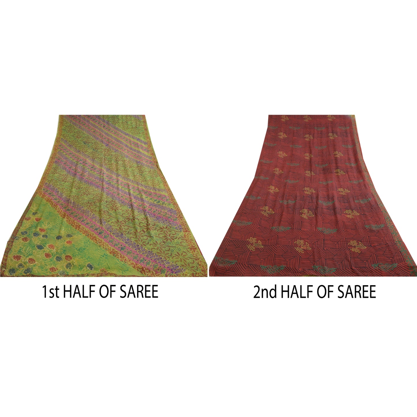 Sanskriti Vintage Sarees Red/Green Hand Bead Pure Crepe Print Sari Craft Sustainable Fabric