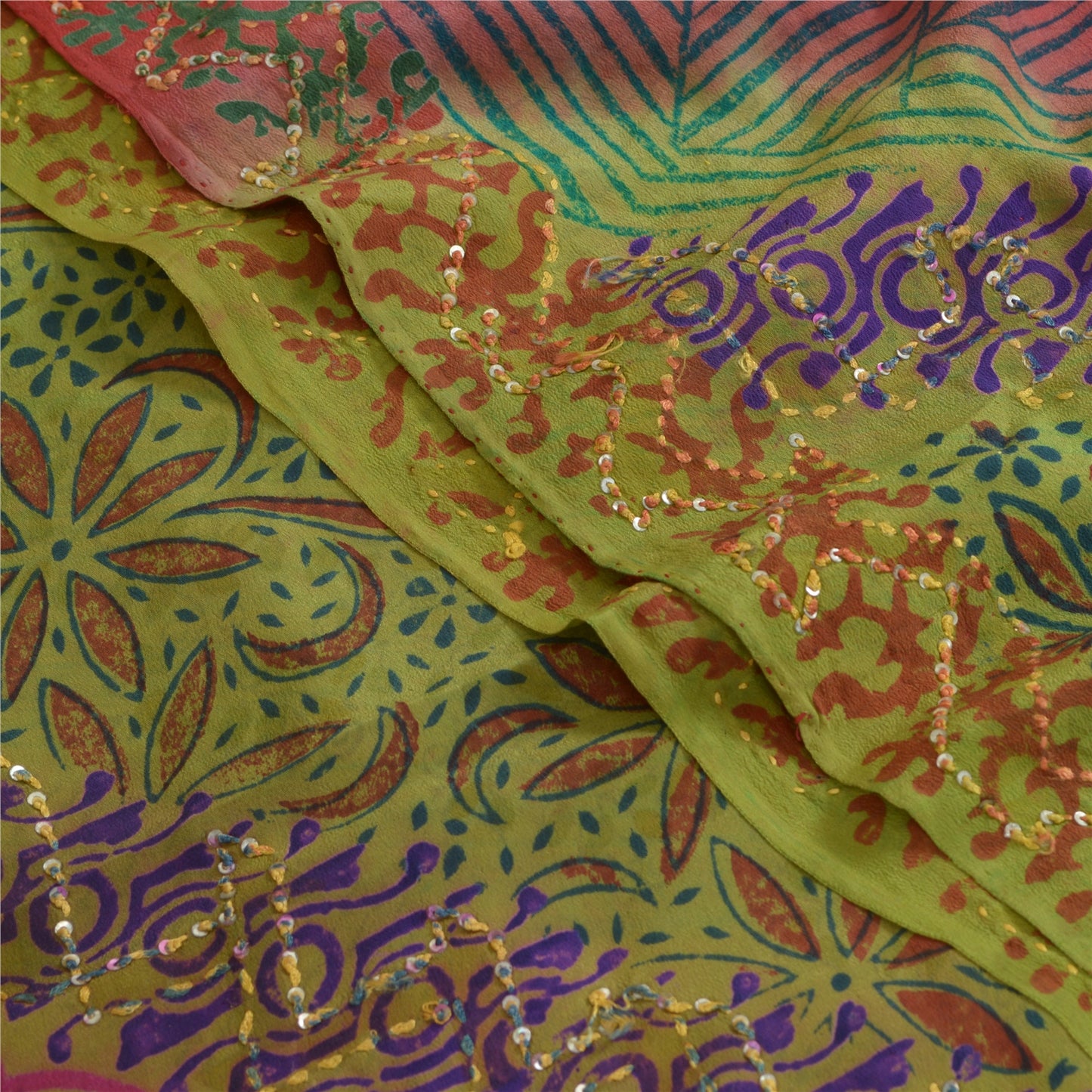 Sanskriti Vintage Sarees Red/Green Hand Bead Pure Crepe Print Sari Craft Sustainable Fabric