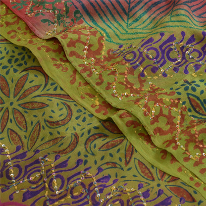 Sanskriti Vintage Sarees Red/Green Hand Bead Pure Crepe Print Sari Craft Sustainable Fabric