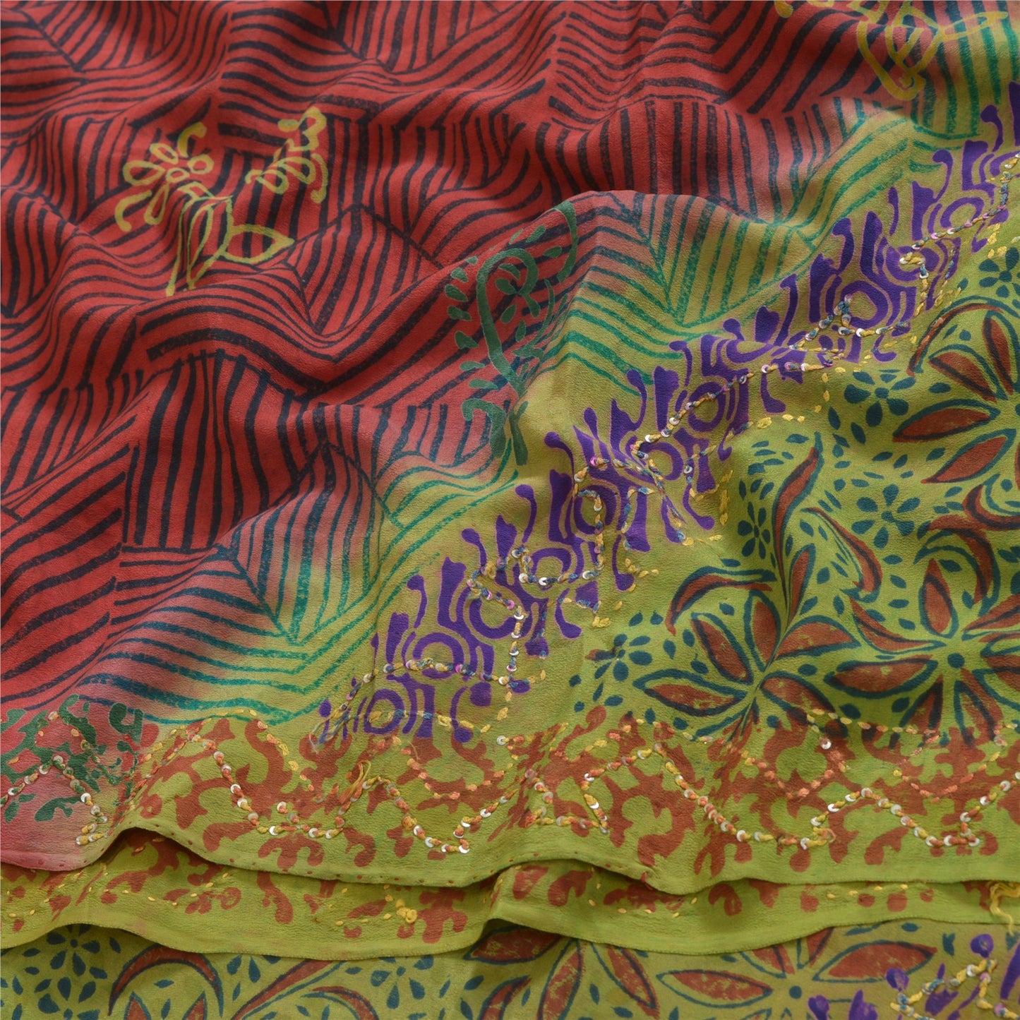 Sanskriti Vintage Sarees Red/Green Hand Bead Pure Crepe Print Sari Craft Sustainable Fabric