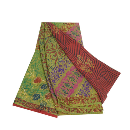 Sanskriti Vintage Sarees Red/Green Hand Bead Pure Crepe Print Sari Craft Sustainable Fabric