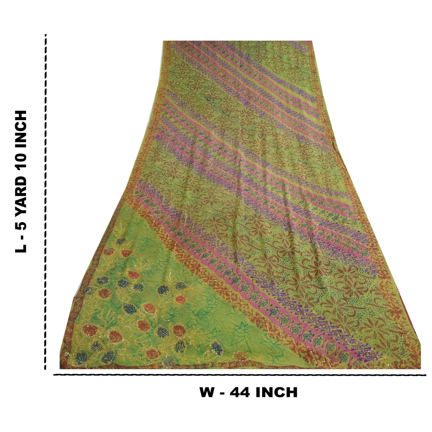 Sanskriti Vintage Sarees Red/Green Hand Bead Pure Crepe Print Sari Craft Sustainable Fabric