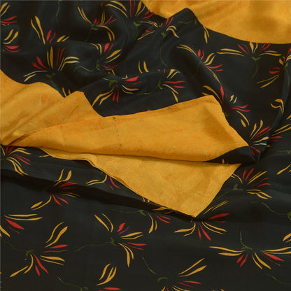 Sanskriti Vintage Sarees Yellow/Black Pure Crepe Silk Printed Sari Craft Sustainable Fabric