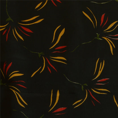 Sanskriti Vintage Sarees Yellow/Black Pure Crepe Silk Printed Sari Craft Sustainable Fabric