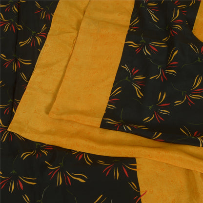 Sanskriti Vintage Sarees Yellow/Black Pure Crepe Silk Printed Sari Craft Sustainable Fabric