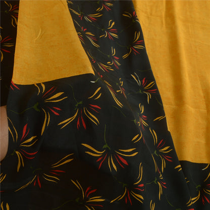 Sanskriti Vintage Sarees Yellow/Black Pure Crepe Silk Printed Sari Craft Sustainable Fabric
