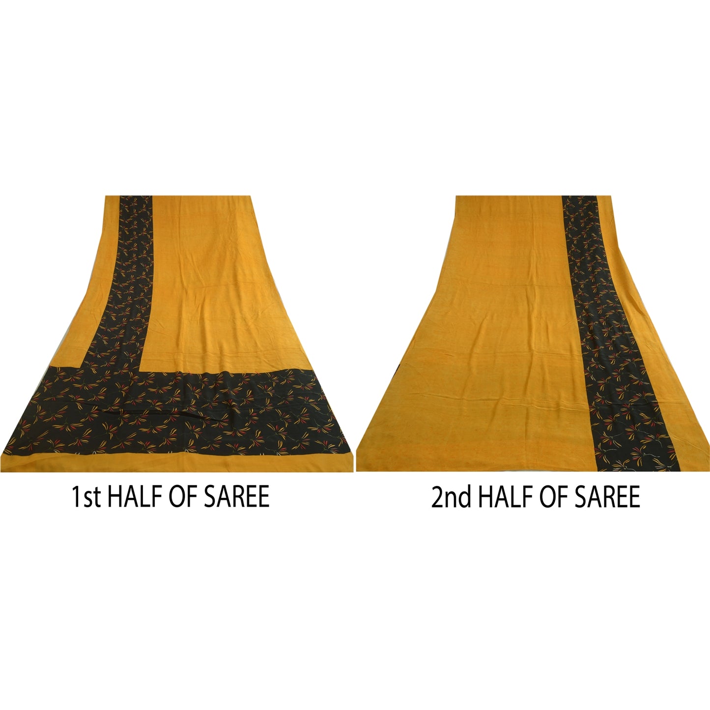 Sanskriti Vintage Sarees Yellow/Black Pure Crepe Silk Printed Sari Craft Sustainable Fabric