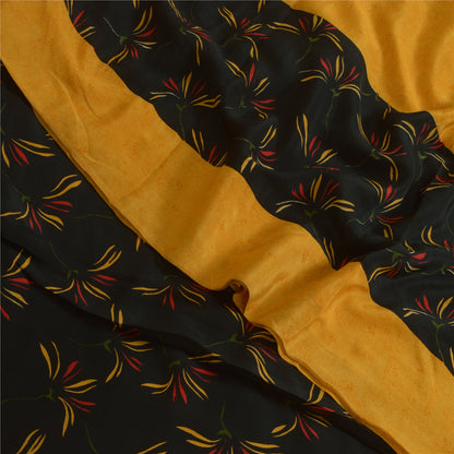 Sanskriti Vintage Sarees Yellow/Black Pure Crepe Silk Printed Sari Craft Sustainable Fabric