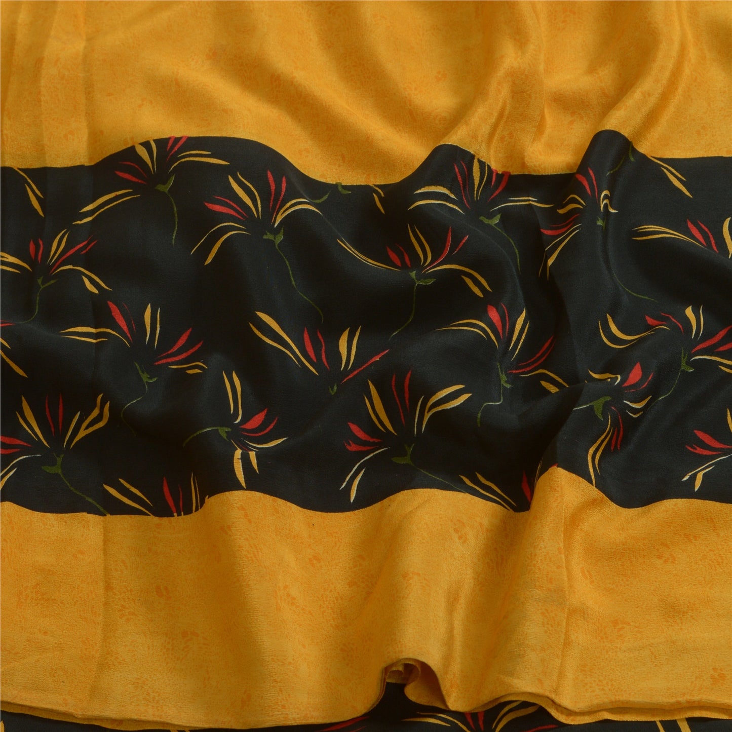 Sanskriti Vintage Sarees Yellow/Black Pure Crepe Silk Printed Sari Craft Sustainable Fabric