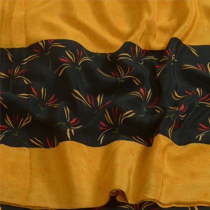 Sanskriti Vintage Sarees Yellow/Black Pure Crepe Silk Printed Sari Craft Sustainable Fabric