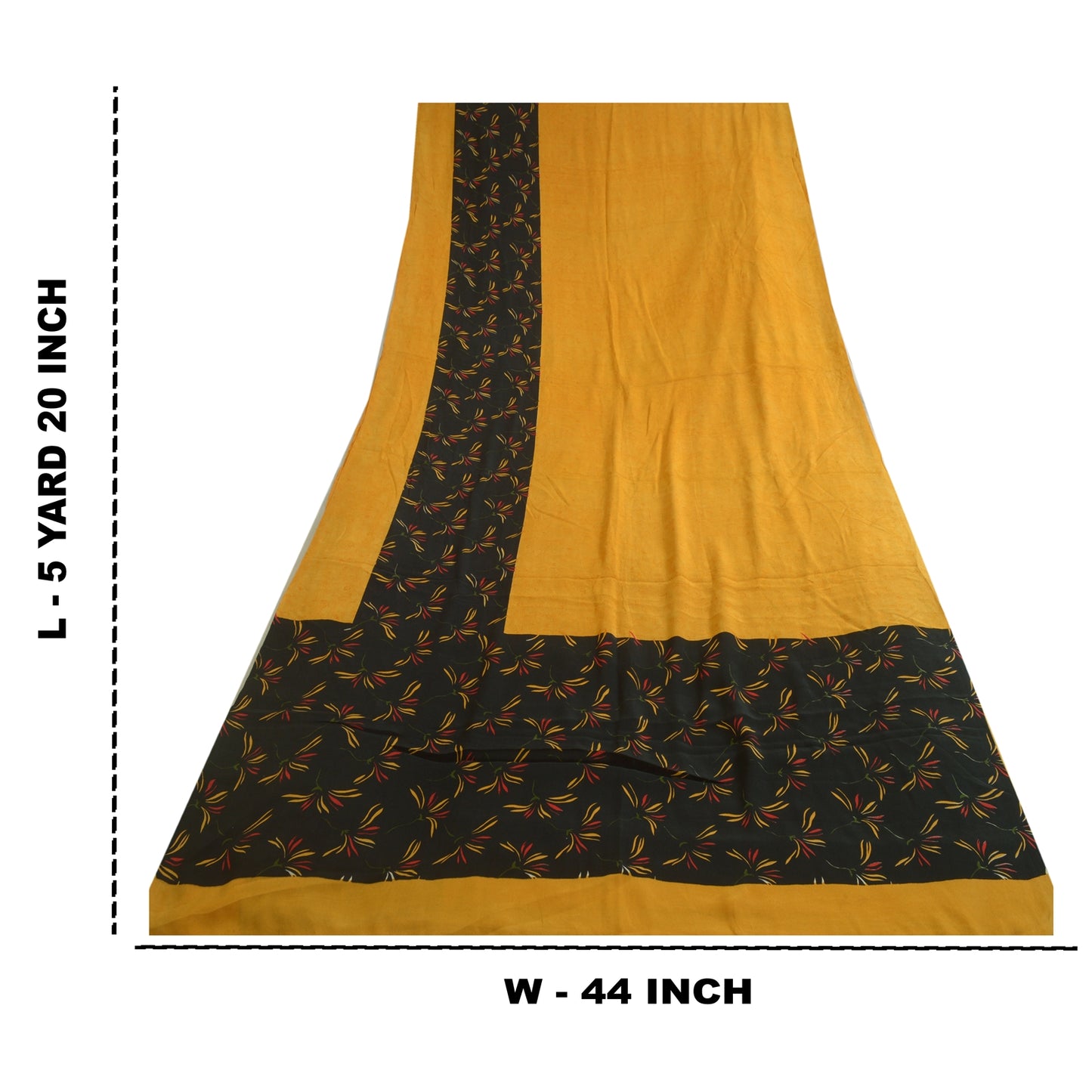 Sanskriti Vintage Sarees Yellow/Black Pure Crepe Silk Printed Sari Craft Sustainable Fabric