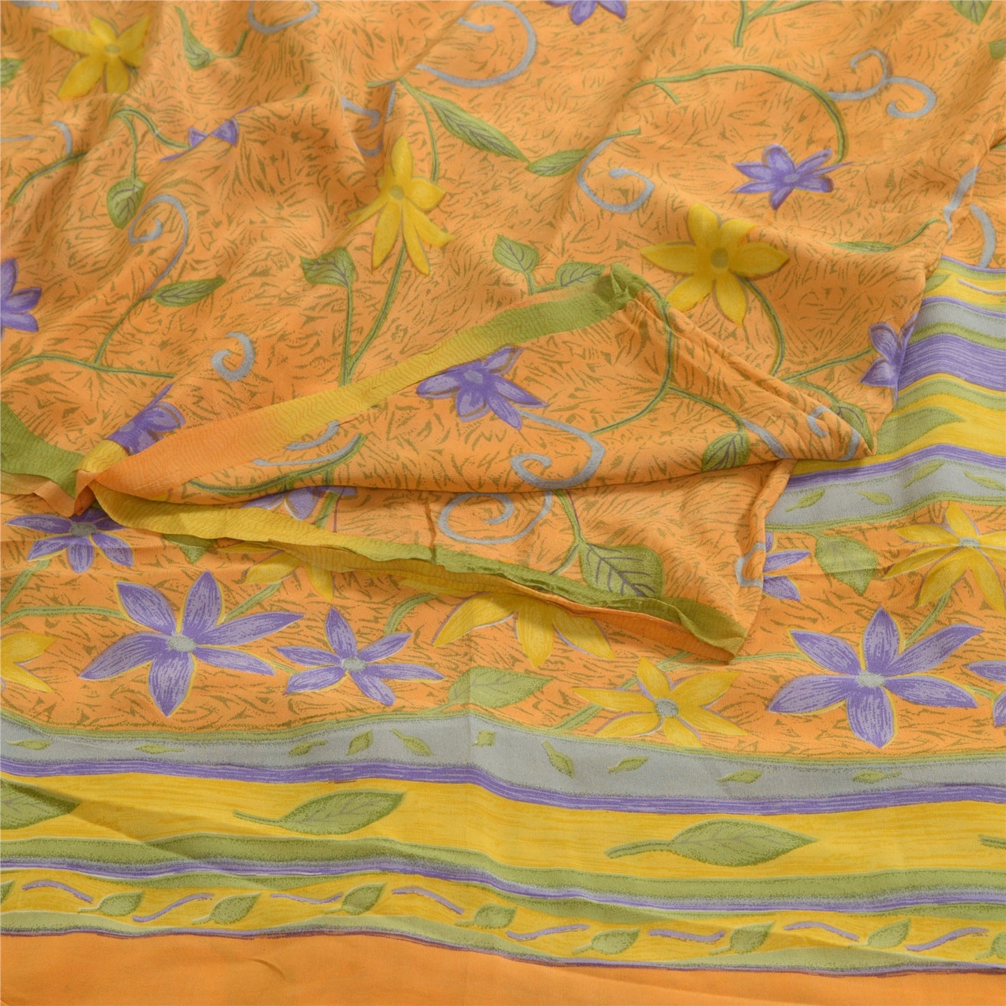 Сари из санскрита, винтажные, шафрановый, чистый креп-шелк, напечатанное сари, мягкая, рукодельная, устойчивая ткань