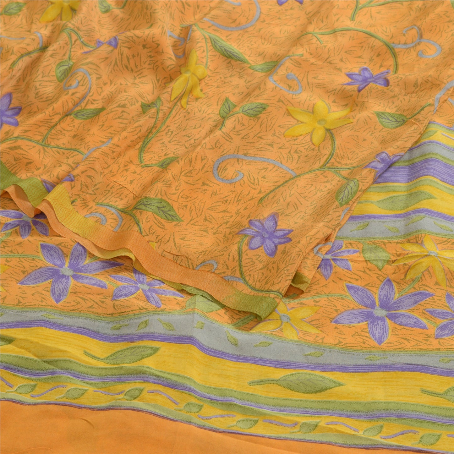 Сари из санскрита, винтажные, шафрановый, чистый креп-шелк, напечатанное сари, мягкая, рукодельная, устойчивая ткань