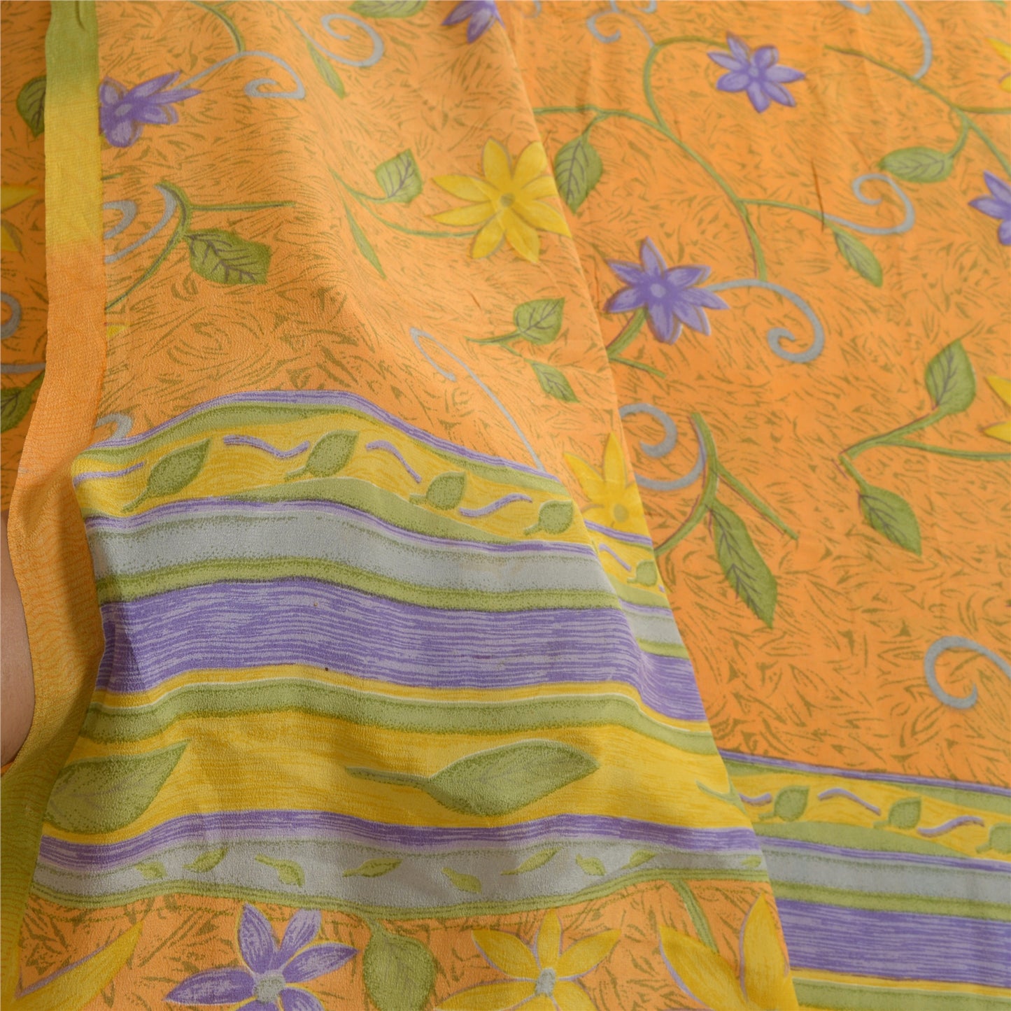 Сари из санскрита, винтажные, шафрановый, чистый креп-шелк, напечатанное сари, мягкая, рукодельная, устойчивая ткань