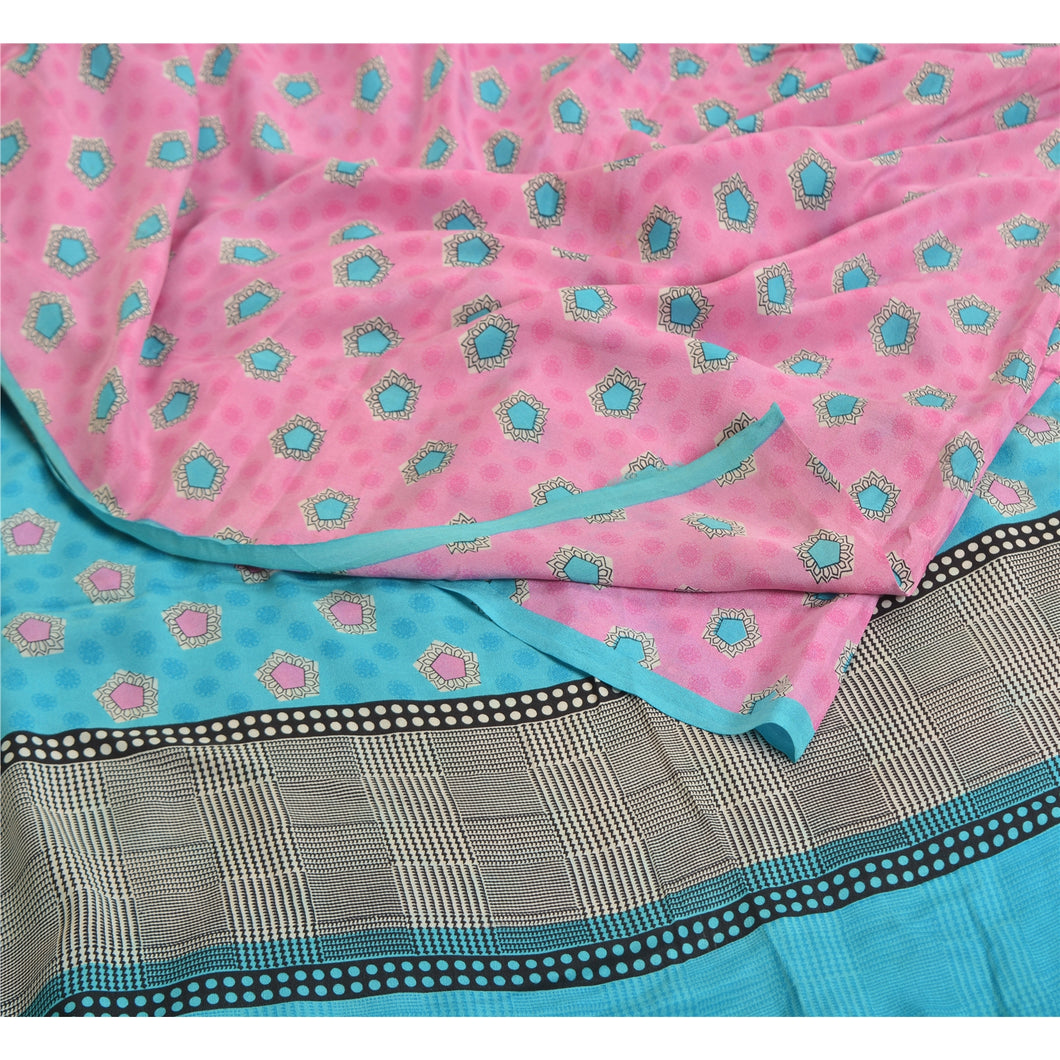 Sanskriti Vintage Sarees Pink/Blue Pure Crepe Silk Printed Sari 5yd Craft Fabric