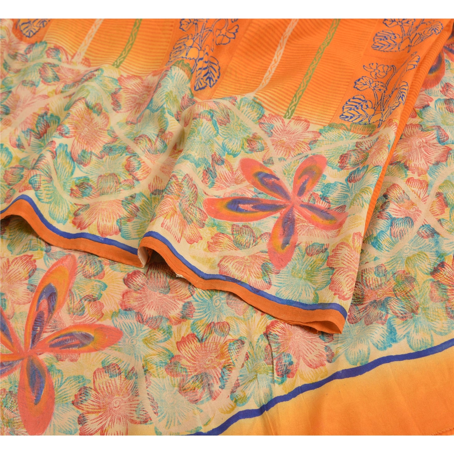 Sanskriti Vintage Sarees Indian Orange Pure Crepe Silk Printed Sari Craft Sustainable Fabric