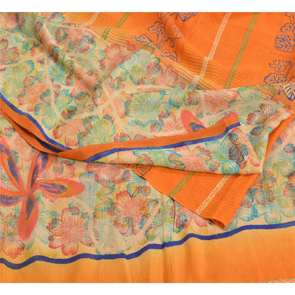 Sanskriti Vintage Sarees Indian Orange Pure Crepe Silk Printed Sari Craft Sustainable Fabric