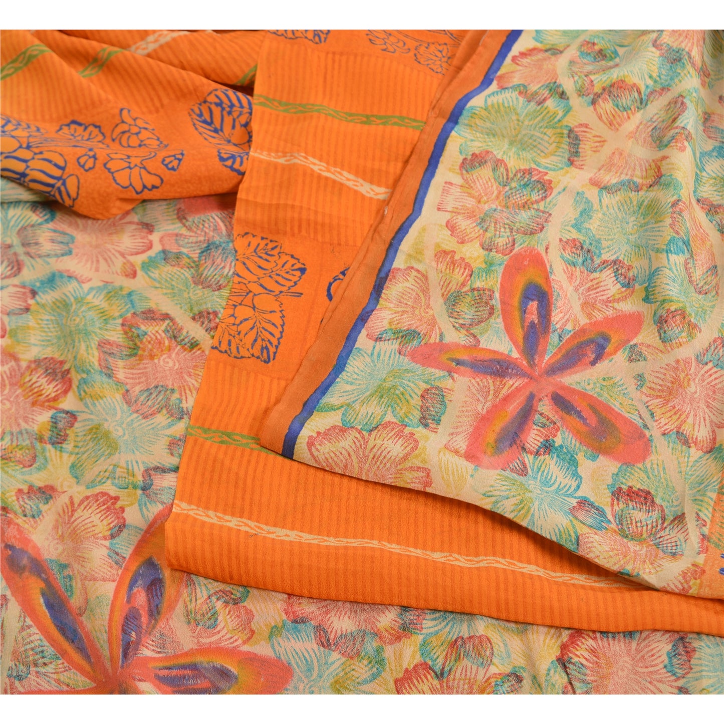 Sanskriti Vintage Sarees Indian Orange Pure Crepe Silk Printed Sari Craft Sustainable Fabric