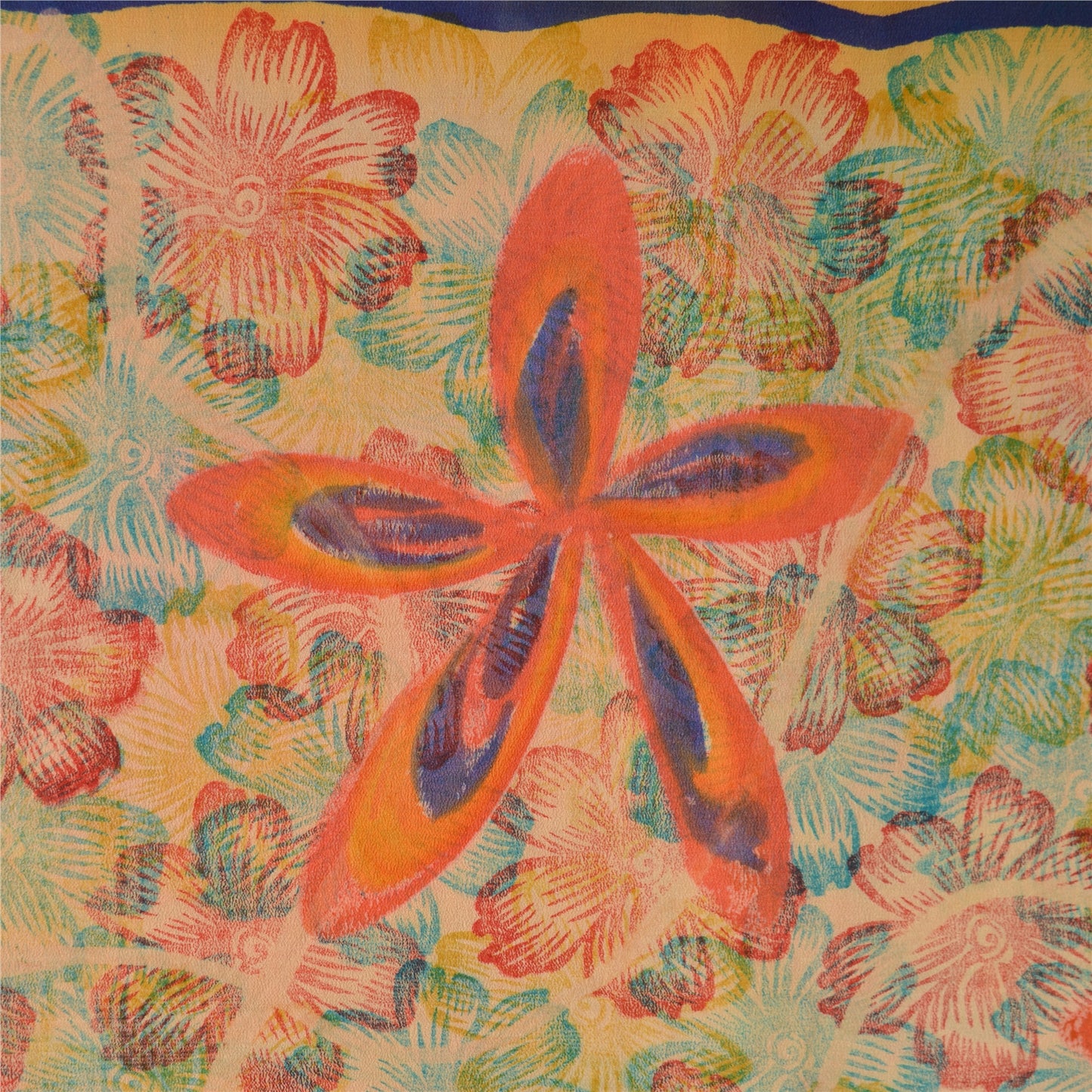 Sanskriti Vintage Sarees Indian Orange Pure Crepe Silk Printed Sari Craft Sustainable Fabric