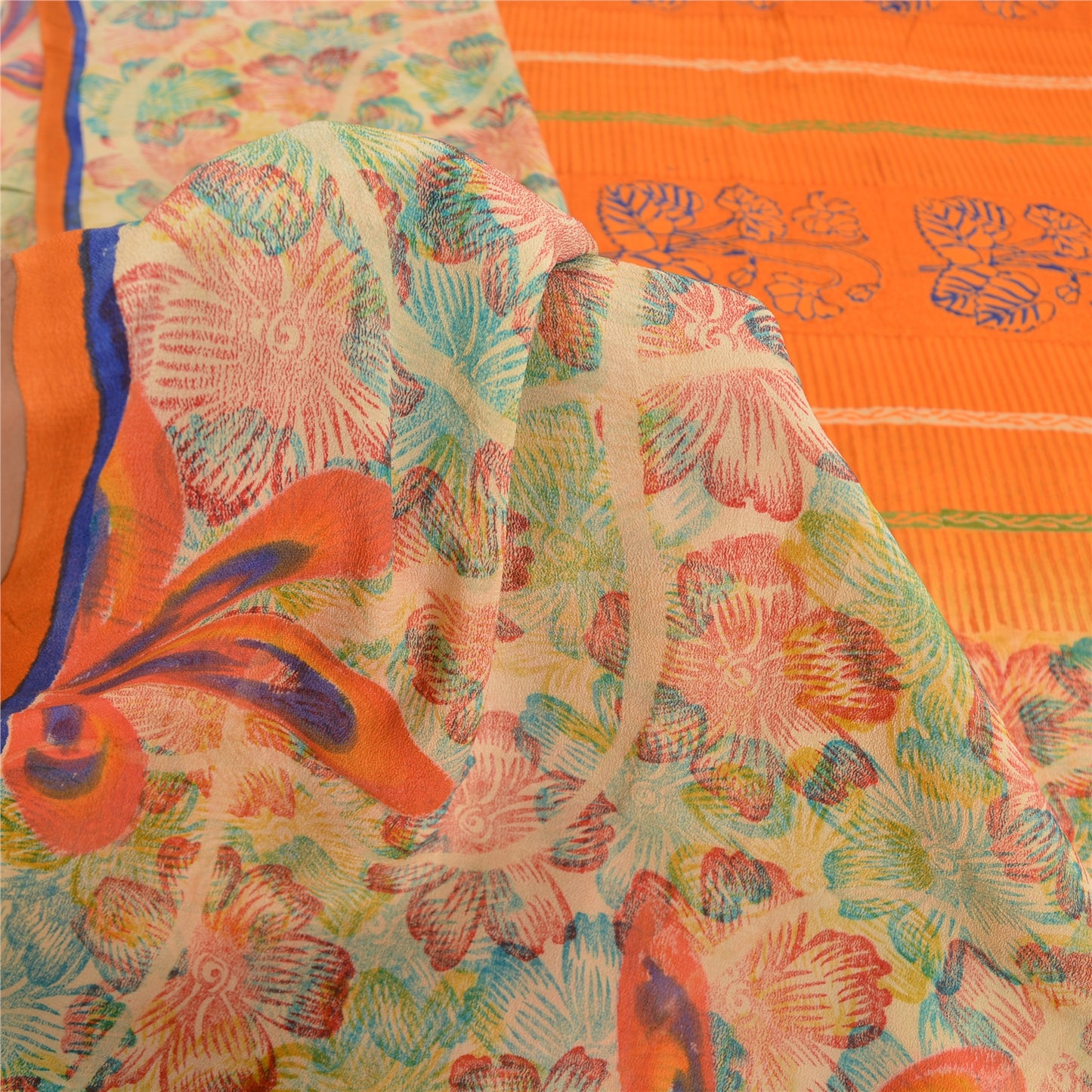 Sanskriti Vintage Sarees Indian Orange Pure Crepe Silk Printed Sari Craft Sustainable Fabric