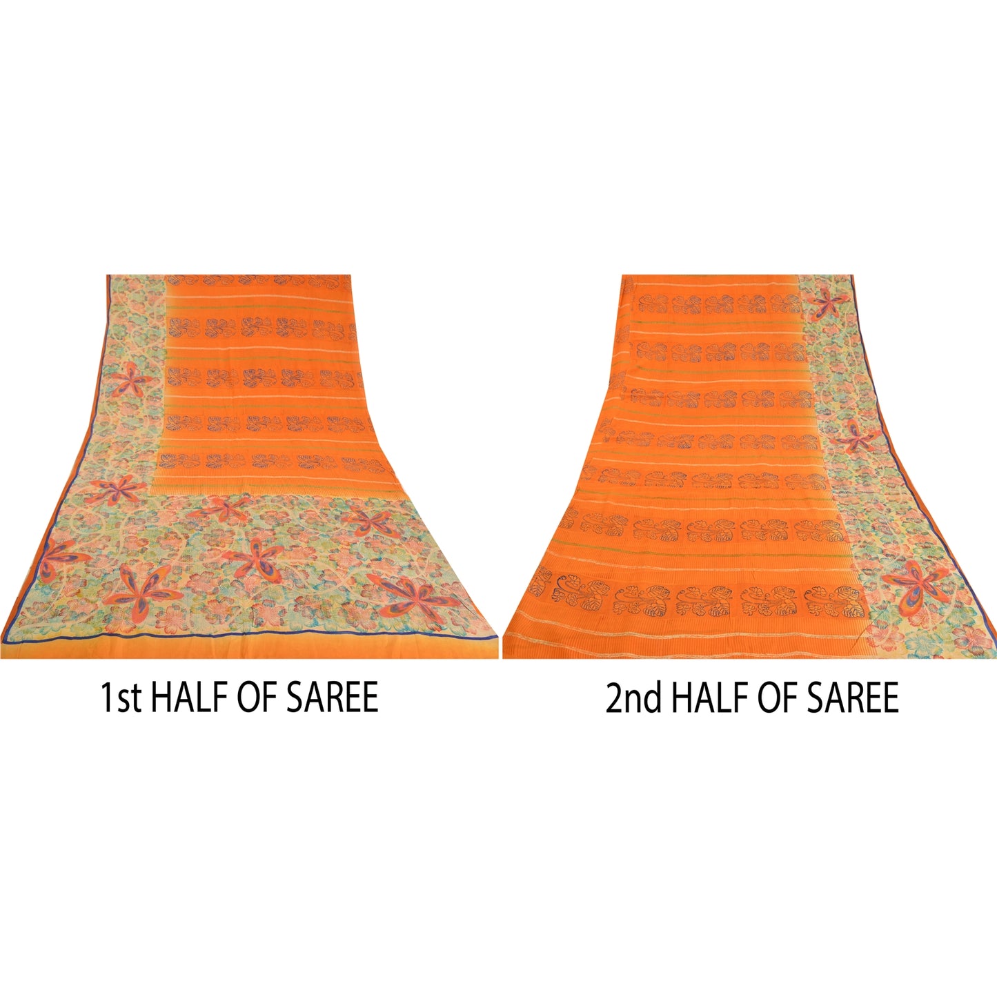 Sanskriti Vintage Sarees Indian Orange Pure Crepe Silk Printed Sari Craft Sustainable Fabric