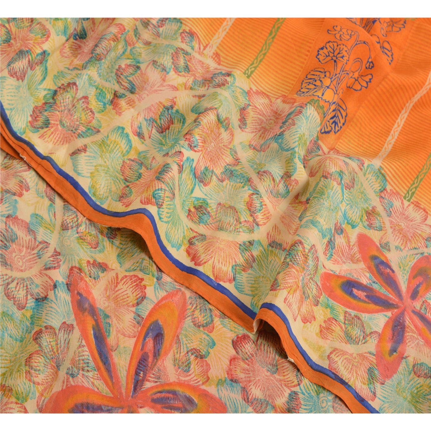 Sanskriti Vintage Sarees Indian Orange Pure Crepe Silk Printed Sari Craft Sustainable Fabric