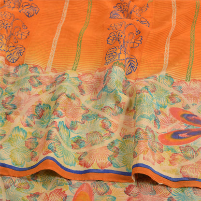 Sanskriti Vintage Sarees Indian Orange Pure Crepe Silk Printed Sari Craft Sustainable Fabric