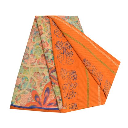 Sanskriti Vintage Sarees Indian Orange Pure Crepe Silk Printed Sari Craft Sustainable Fabric
