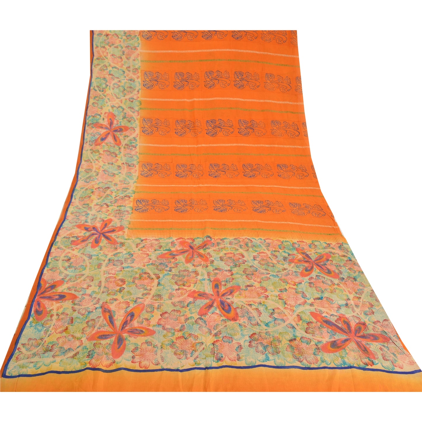 Sanskriti Vintage Sarees Indian Orange Pure Crepe Silk Printed Sari Craft Sustainable Fabric