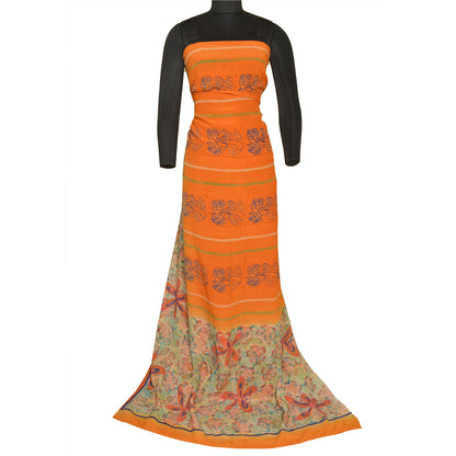 Sanskriti Vintage Sarees Indian Orange Pure Crepe Silk Printed Sari Craft Sustainable Fabric