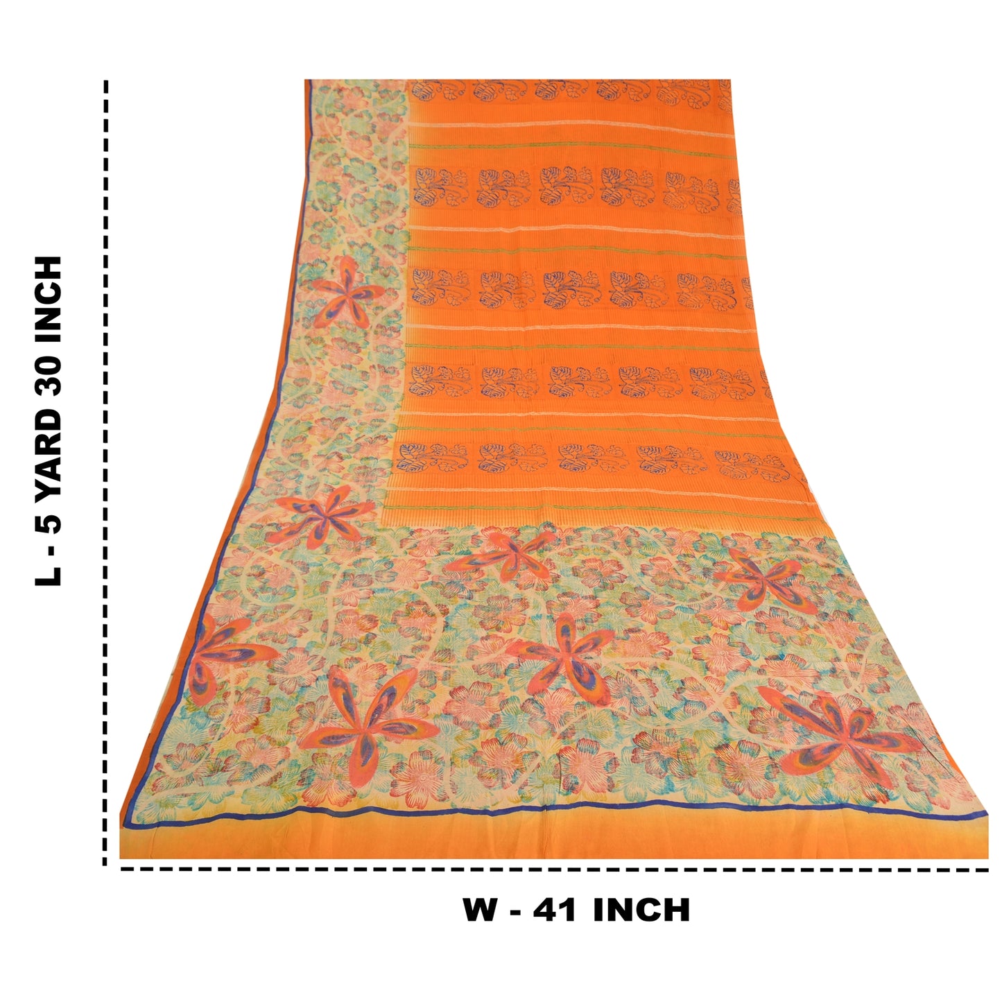 Sanskriti Vintage Sarees Indian Orange Pure Crepe Silk Printed Sari Craft Sustainable Fabric