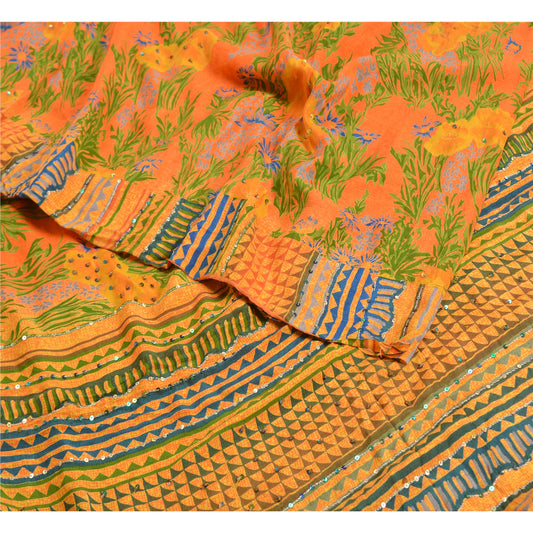 Sanskriti Vintage Sarees Hand Beaded Pure Crepe Silk Printed Sari Craft Sustainable Fabric