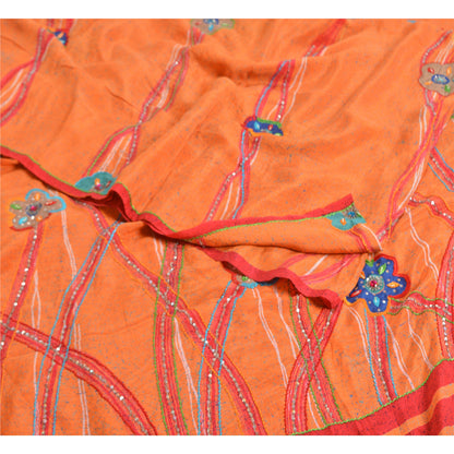 Sanskriti Vintage Sarees Orange Hand Beaded Pure Crepe Silk Printed Sari Sustainable Fabric