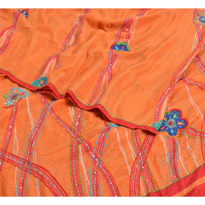 Sanskriti Vintage Sarees Orange Hand Beaded Pure Crepe Silk Printed Sari Sustainable Fabric