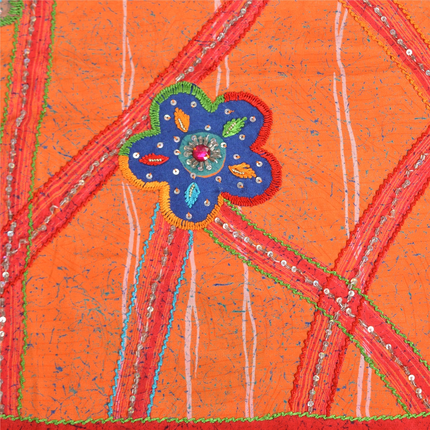 Sanskriti Vintage Sarees Orange Hand Beaded Pure Crepe Silk Printed Sari Sustainable Fabric