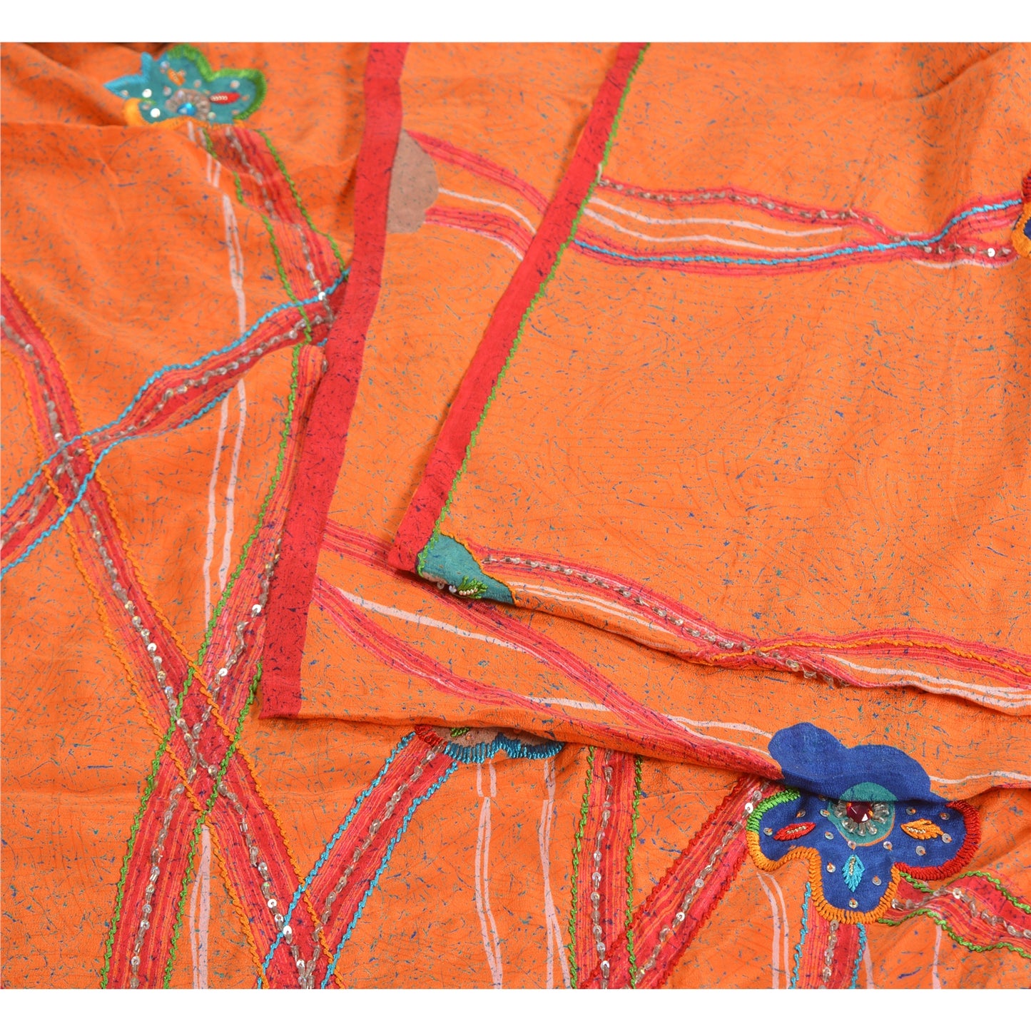 Sanskriti Vintage Sarees Orange Hand Beaded Pure Crepe Silk Printed Sari Sustainable Fabric