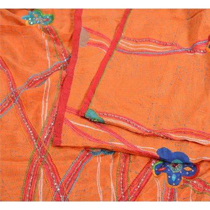 Sanskriti Vintage Sarees Orange Hand Beaded Pure Crepe Silk Printed Sari Sustainable Fabric