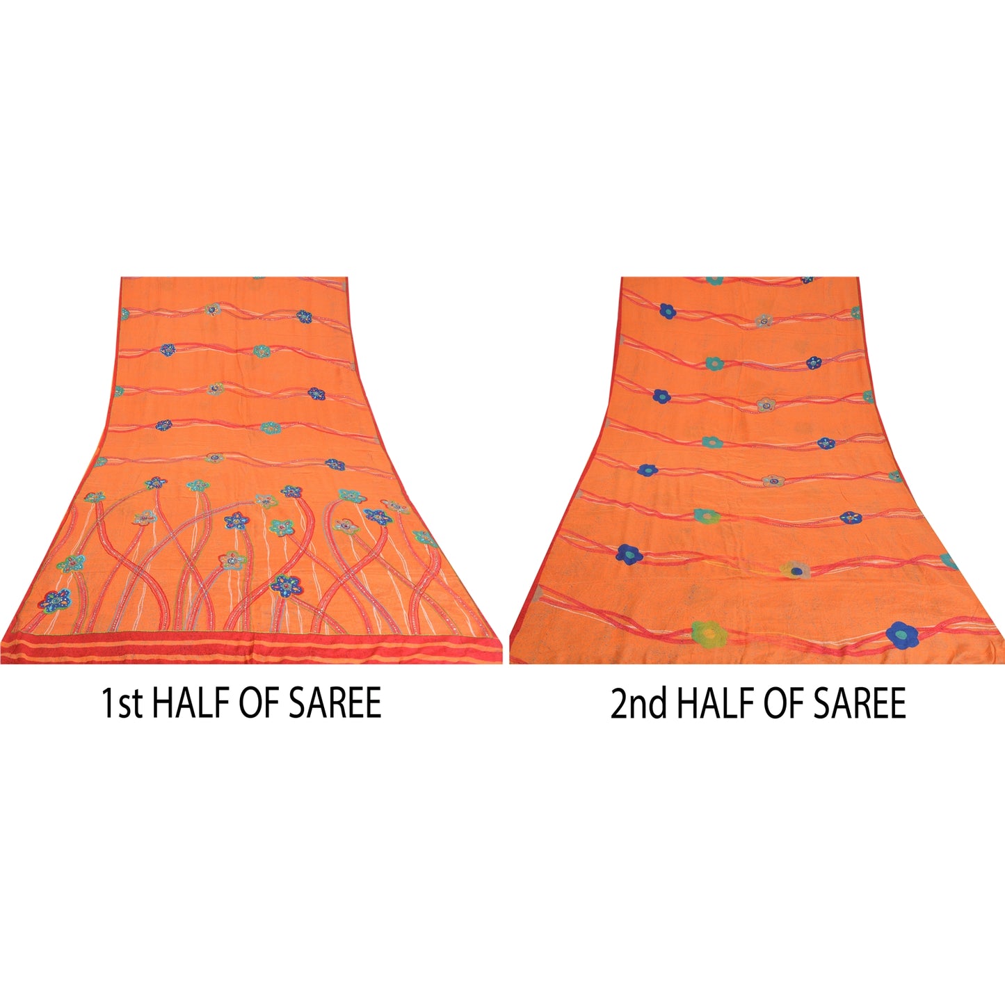 Sanskriti Vintage Sarees Orange Hand Beaded Pure Crepe Silk Printed Sari Sustainable Fabric