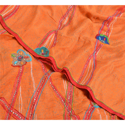 Sanskriti Vintage Sarees Orange Hand Beaded Pure Crepe Silk Printed Sari Sustainable Fabric