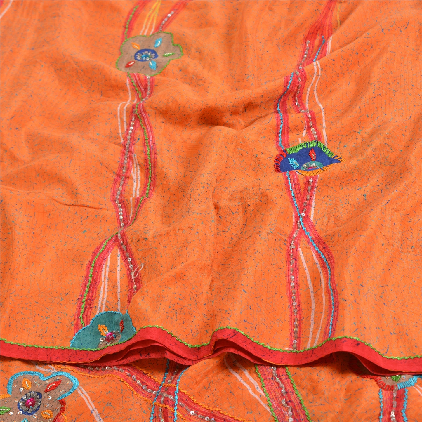 Sanskriti Vintage Sarees Orange Hand Beaded Pure Crepe Silk Printed Sari Sustainable Fabric
