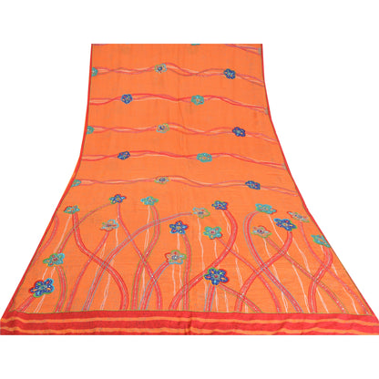 Sanskriti Vintage Sarees Orange Hand Beaded Pure Crepe Silk Printed Sari Sustainable Fabric