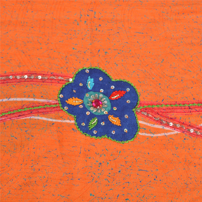 Sanskriti Vintage Sarees Orange Hand Beaded Pure Crepe Silk Printed Sari Sustainable Fabric