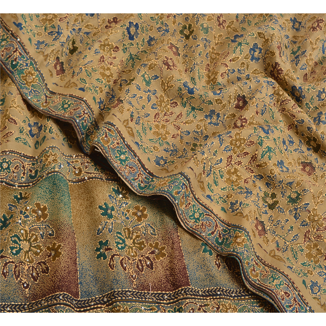 Sanskriti Vintage Sarees Cream Hand Beads Kantha Pure Crepe Silk Sari 5yd Fabric