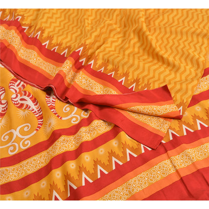 Sanskriti Vintage Sarees Indian Yellow Pure Crepe Silk Printed Sari Craft Sustainable Fabric