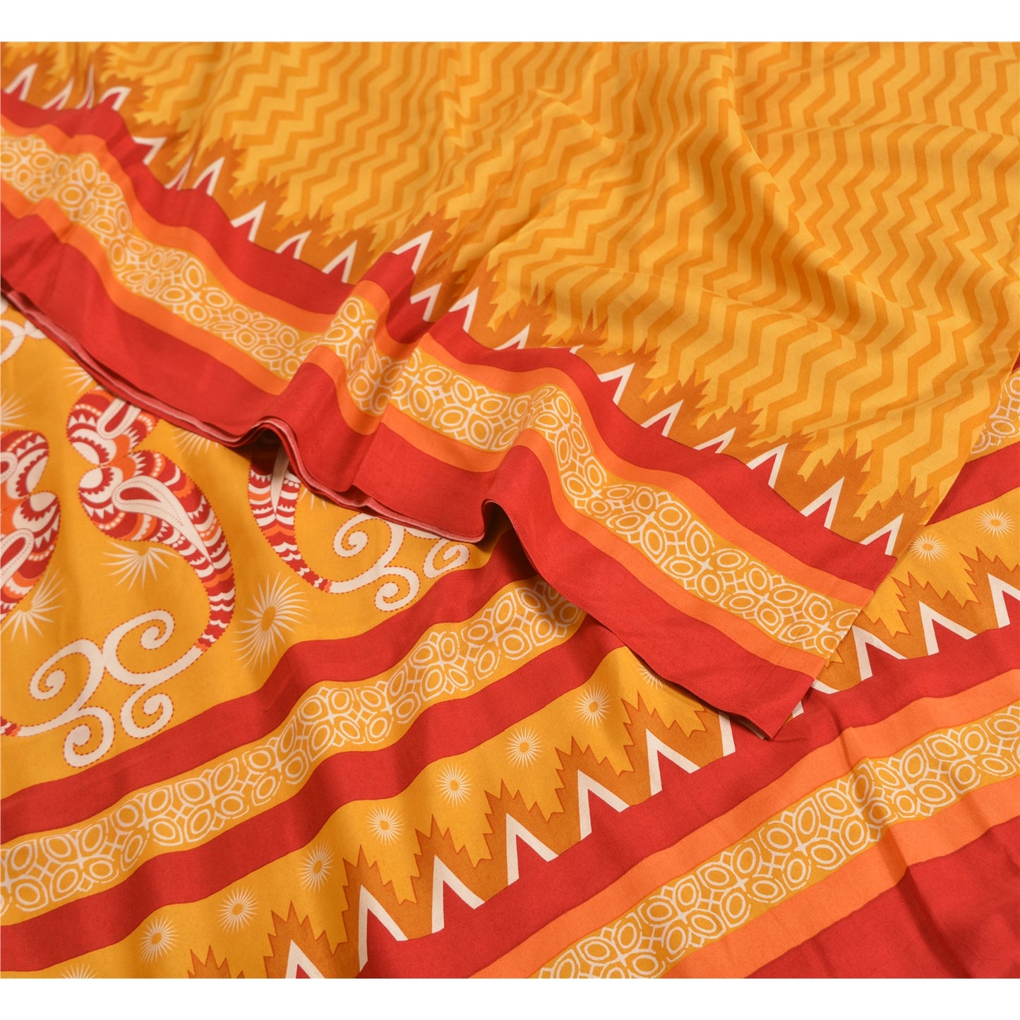 Sanskriti Vintage Sarees Indian Yellow Pure Crepe Silk Printed Sari Craft Sustainable Fabric