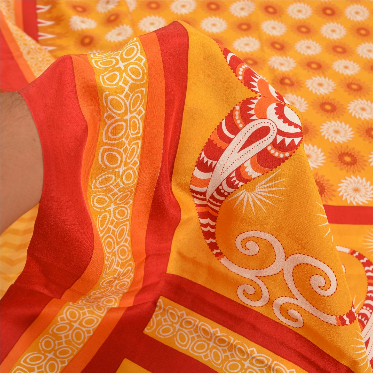 Sanskriti Vintage Sarees Indian Yellow Pure Crepe Silk Printed Sari Craft Sustainable Fabric