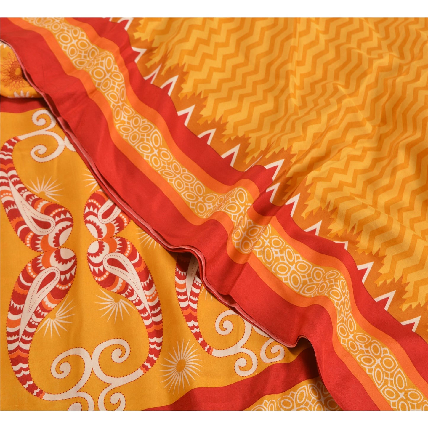 Sanskriti Vintage Sarees Indian Yellow Pure Crepe Silk Printed Sari Craft Sustainable Fabric