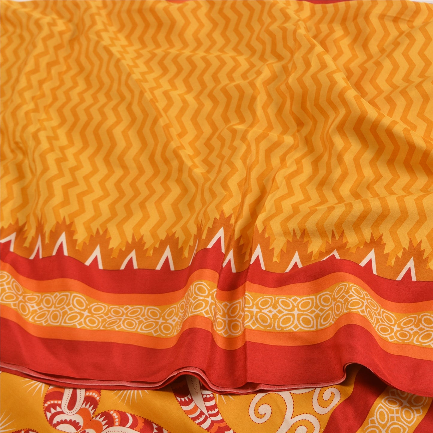 Sanskriti Vintage Sarees Indian Yellow Pure Crepe Silk Printed Sari Craft Sustainable Fabric