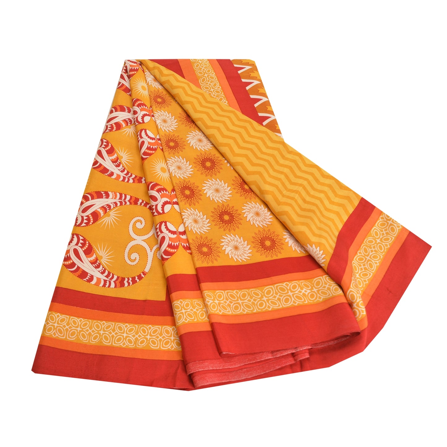 Sanskriti Vintage Sarees Indian Yellow Pure Crepe Silk Printed Sari Craft Sustainable Fabric