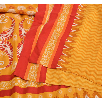 Sanskriti Vintage Sarees Indian Yellow Pure Crepe Silk Printed Sari Craft Sustainable Fabric